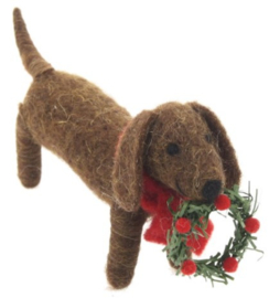 Meander Hond met sjaal en kerstkrans -vilt-