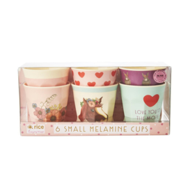 Rice Melamine Small Kids Cups - Assorted Farm Animals Prints - Pink - 6 pcs
