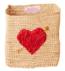 Rice Raffia Storage Basket Embroidered Heart - Natural with Red Heart