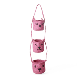Rice Raffia 3 Tier Hanging Storage Basket - Animal Faces - Pink