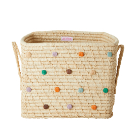Rice Raffia Square Basket with Hand Embroidered Dots 'Follow the Call of the Disco Ball'- Natural
