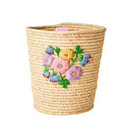 Rice Raffia Basket with Flower Embroidy - Natural