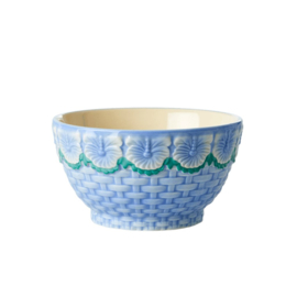 Rice Small Ceramic Bowl with Embossed Flower Design - Blue