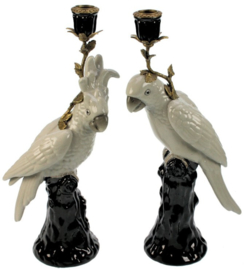 Meander Kandelaar Papegaai of Kaketoe Zwart-Wit -messing & porselein-