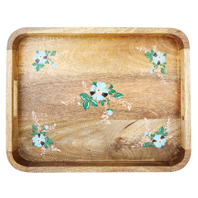 Rice Wooden Tray with Handpainted Flowers - Blue