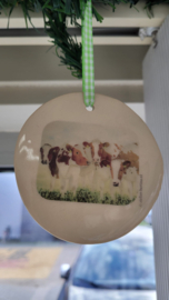 Kerst decoratie hanger rond met roodbont koeien