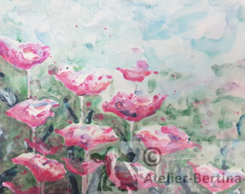 Roze bloemen aqua-acryl schilderij
