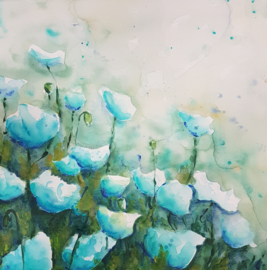 Blauwe bloemen aqua-acryl schilderij