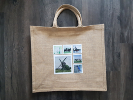 Jute shopper tas met aquarel afbeeldingen koe / paard / vogels of bloemen