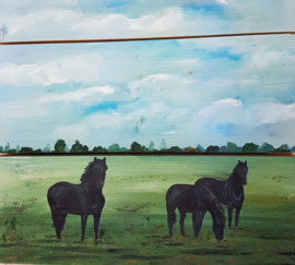 Paarden landschap op steigerhout schilderij