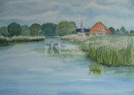 Landschap met boerderij aquarel schilderij