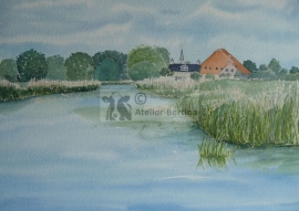 Landscape with farm and river watercolor painting