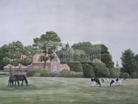 Boerderij met eigen paarden en koeien, aquarel schilderij 