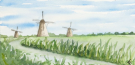 Kinderdijkje molen aquarel schilderij