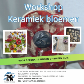 Woensdag 6 mei en 20 mei 2026: workshop keramiek bloemen  boetseren en glazuren in Raalte
