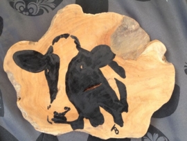 Teak wooden disk painted with cow.