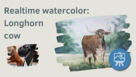 Les aquarel Longhoorn koe: Realtime tutorial video + werkbladen + lijntekening