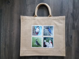 Jute shopper tas met aquarel afbeeldingen vogels