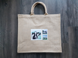 Jute shopper tas met aquarel afbeeldingen koe