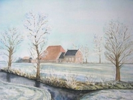 Boerderij in de Winter, aquarel schilderij 