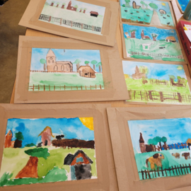 Les: buiten landschap tekenen en in de klas aquarelleren.