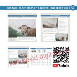 Les aquarel Longhoorn koe: Realtime tutorial video + werkbladen + lijntekening