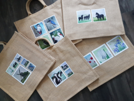 Jute shopper tas met aquarel afbeeldingen paarden