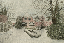 Winter en zomer schilderij van 1 woning.