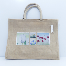 Jute shopper tas met aquarel afbeeldingen bloemen