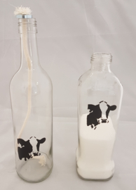 Fles met koe schildering : sfeerlicht, nootjes, suikerpot of vaasje.