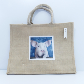 Jute shopper tas met aquarel afbeeldingen varken