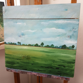 Koe landschap op steigerhout schilderij