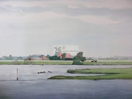 Boerderij bij water aquarel schilderij