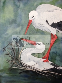 Storks watercolor painting