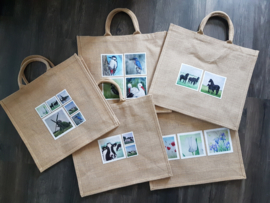 Jute shopper tas met aquarel afbeeldingen paarden