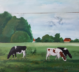 Cow painting on wood scaffolding (inside / outside)