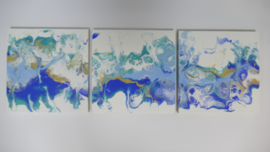 Drie luik: blauw en turquoise, acryl gieten 20  x 60 cm