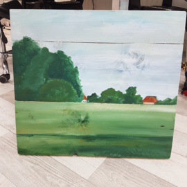 Koe landschap op steigerhout schilderij