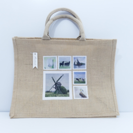 Jute shopper tas met aquarel afbeeldingen koe / paard / vogels of bloemen