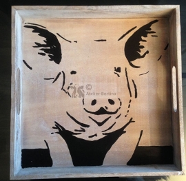 Tray 32 x 32 cm wood painted with pig