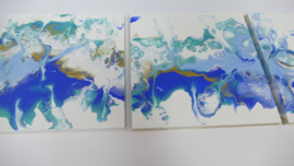Drie luik: blauw en turquoise, acryl gieten 20  x 60 cm