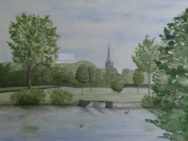 Kerktoren van Raalte (Drosten kamp) aquarel schilderij