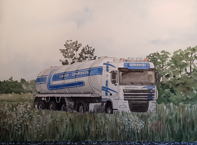 Isolator Voornaamwoord impliceren Auto en vrachtauto aquarel schilderij Atelier Bertina Tilma in opdracht
