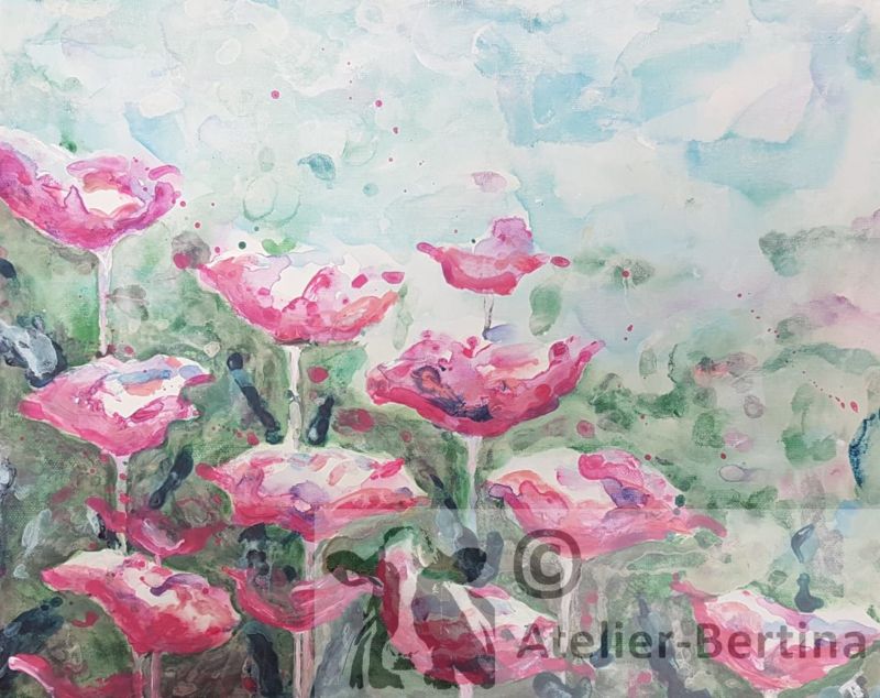 nul binden rekruut Roze bloemen aqua-acryl schilderij | Abstracte schilderijen |  Atelier-Bertina