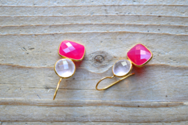 Verguld Sterling zilver Oorbellen met Fuchsia Agaat en Rozenkwarts