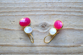 Verguld Sterling zilver Oorbellen met Fuchsia Agaat en Maansteen