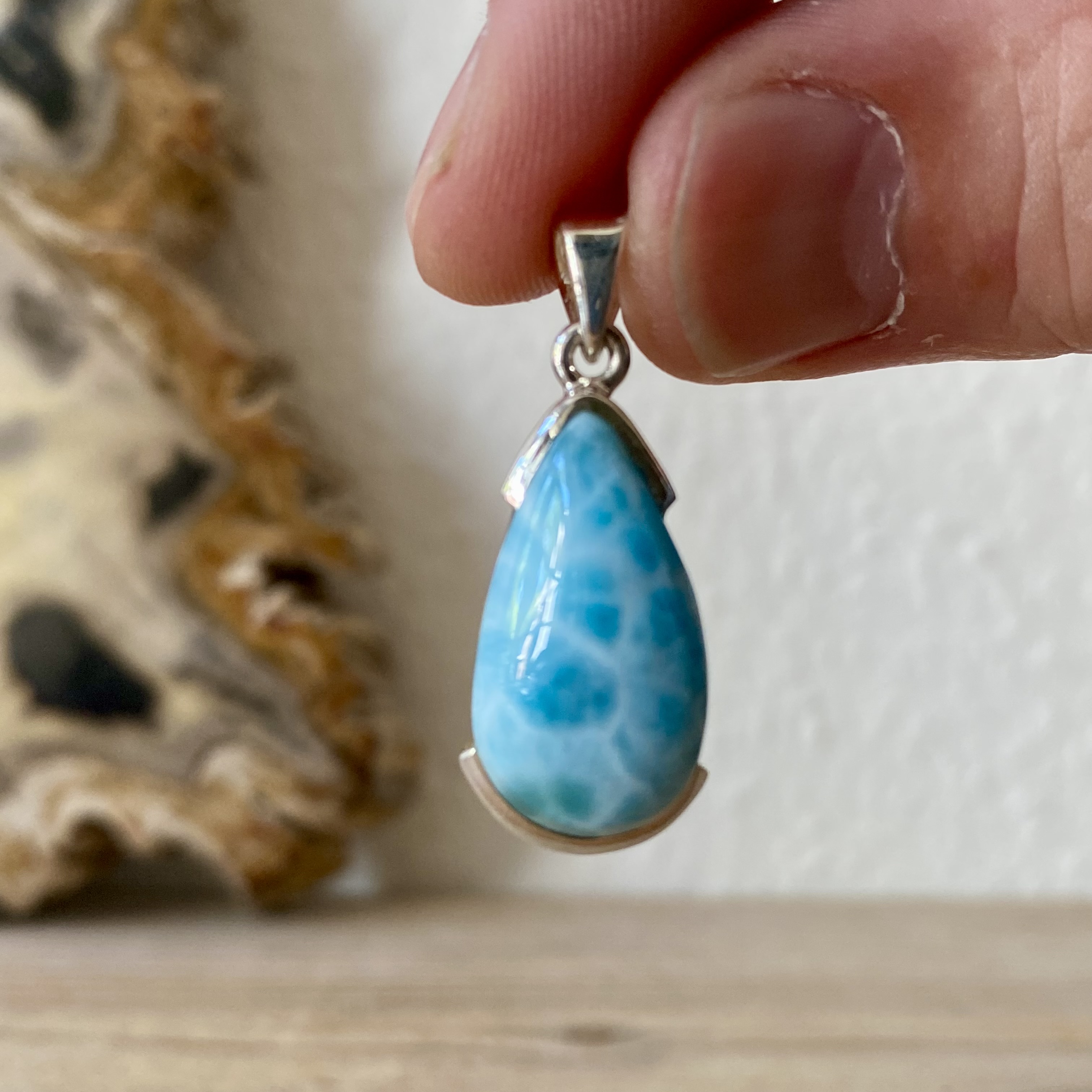 Hanger Larimar in sterling zilver ca. 14 x 29 mm