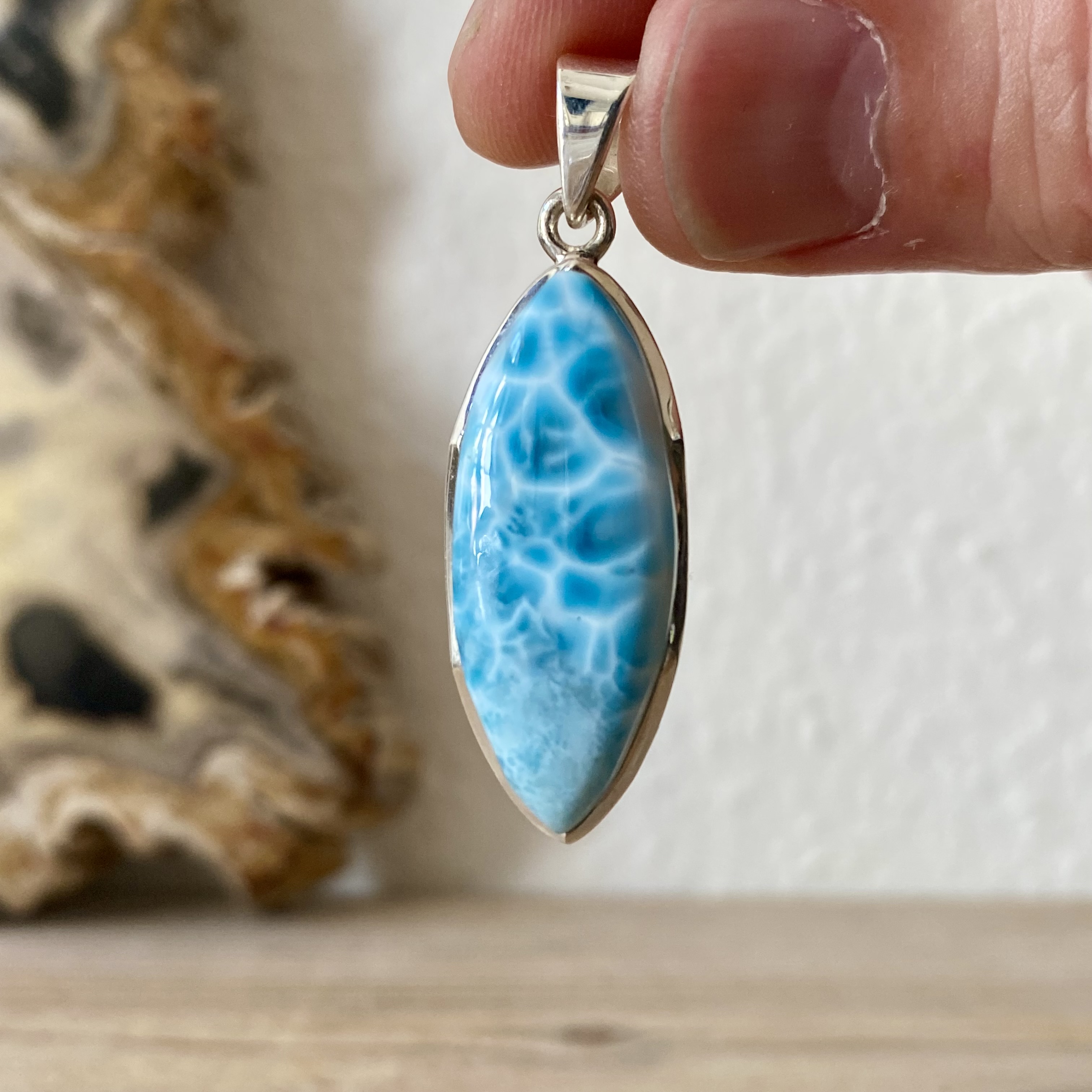 Hanger Larimar in sterling zilver ca. 15 x 40 mm