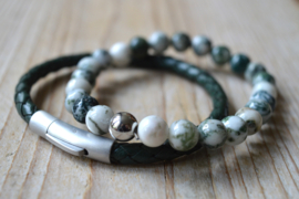 Armbandenset van 5 mm Donkergroen gevlochten rundleer en 8 mm Boomagaat