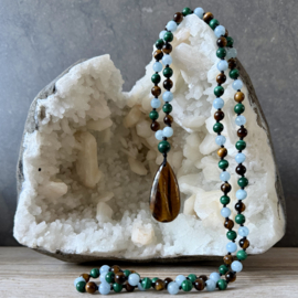 Malachiet-Tijgeroog-Aquamarijn Mala